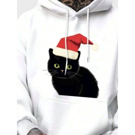 Mens Christmas Hat Cat Graphic Kangaroo Pocket Drawstring Hoodies Winter Mens Christmas Hat Cat Graphic Kangaroo Pocket Drawstring Hoodies Winter