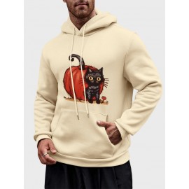 Mens Cartoon Pumpkin Cat Print Kangaroo Pocket Drawstring Hoodies Winter Mens Cartoon Pumpkin Cat Print Kangaroo Pocket Drawstring Hoodies Winter