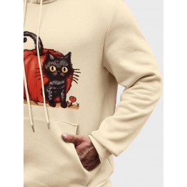 Mens Cartoon Pumpkin Cat Print Kangaroo Pocket Drawstring Hoodies Winter Mens Cartoon Pumpkin Cat Print Kangaroo Pocket Drawstring Hoodies Winter