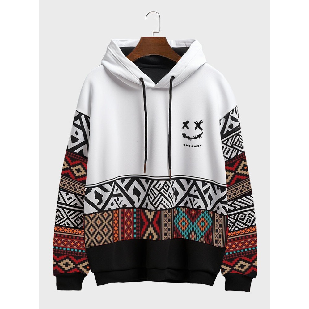Mens Smile Ethnic Geometric Print Patchwork Long Sleeve Hoodies Winter Mens Smile Ethnic Geometric Print Patchwork Long Sleeve Hoodies Winter