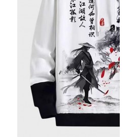 Mens Chinese Figure Landscape Print Patchwork Drawstring Hoodies Winter Mens Chinese Figure Landscape Print Patchwork Drawstring Hoodies Winter