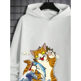 Mens Japanese Wave Cat & Fish Print Long Sleeve Hoodies Winter Mens Japanese Wave Cat & Fish Print Long Sleeve Hoodies Winter