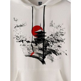 Mens Japanese Landscape Print Contrast Patchwork Drawstring Hoodies Winter Mens Japanese Landscape Print Contrast Patchwork Drawstring Hoodies Winter