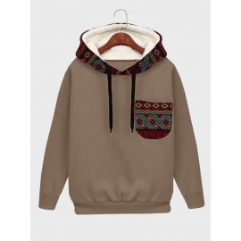 Mens Ethnic Geometric Print Chest Pocket Plush Lined Drawstring Hoodies Mens Ethnic Geometric Print Chest Pocket Plush Lined Drawstring Hoodies