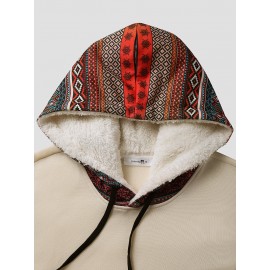 Mens Ethnic Geometric Print Chest Pocket Plush Lined Drawstring Hoodies Mens Ethnic Geometric Print Chest Pocket Plush Lined Drawstring Hoodies